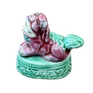 Vintage Chinese Ceramic Foo Dog Figurine Red & Green Glaze Decorative Art Collec